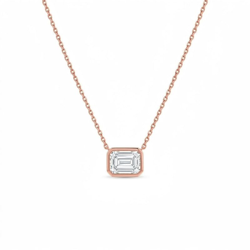 Rhea pendant in 14K rose gold with an emerald-cut lab-grown diamond, full chain view