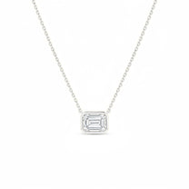 Rhea pendant in 14K white gold with an emerald-cut lab-grown diamond, full chain view