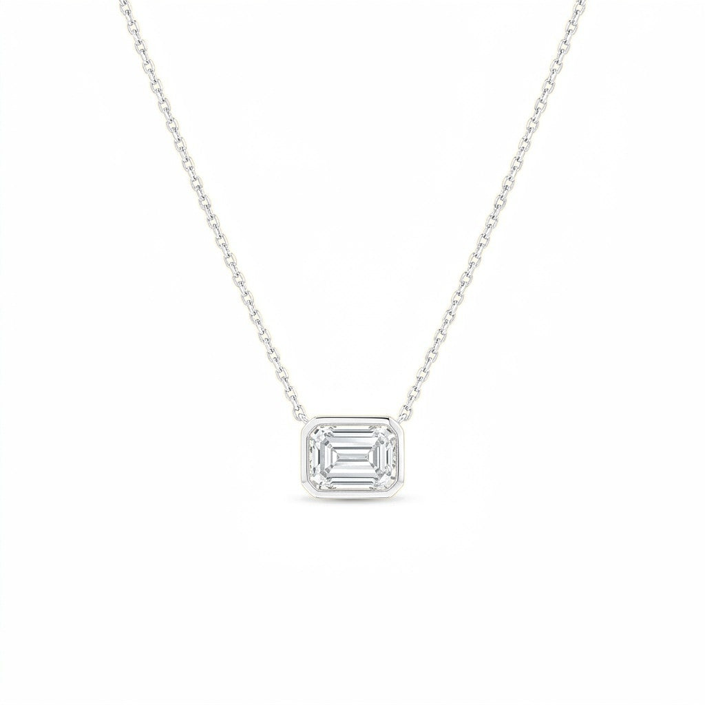 Rhea pendant in 14K white gold with an emerald-cut lab-grown diamond, full chain view