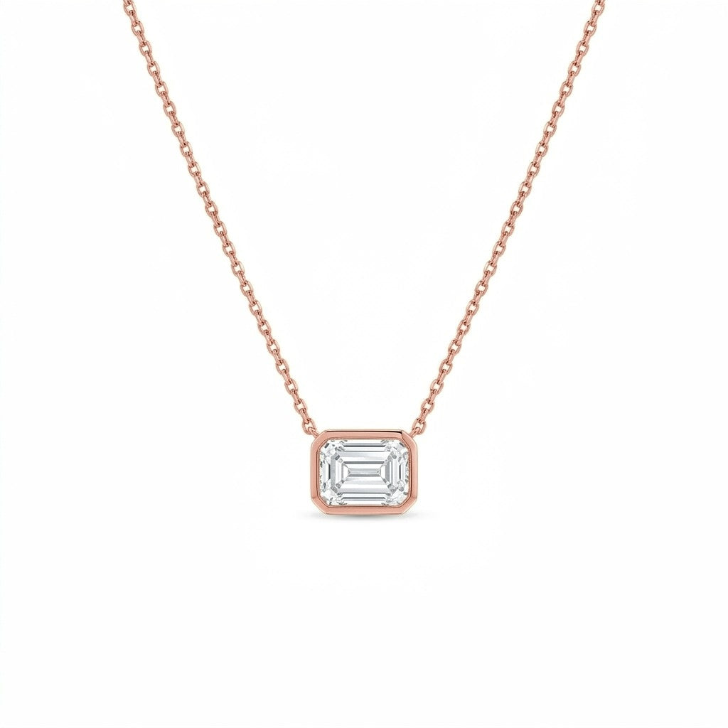 Roxane pendant in 14K rose gold with an emerald-cut lab-grown diamond, full chain view