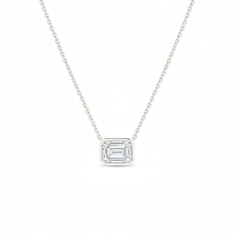 Roxane pendant in 14K white gold with an emerald-cut lab-grown diamond, full chain view