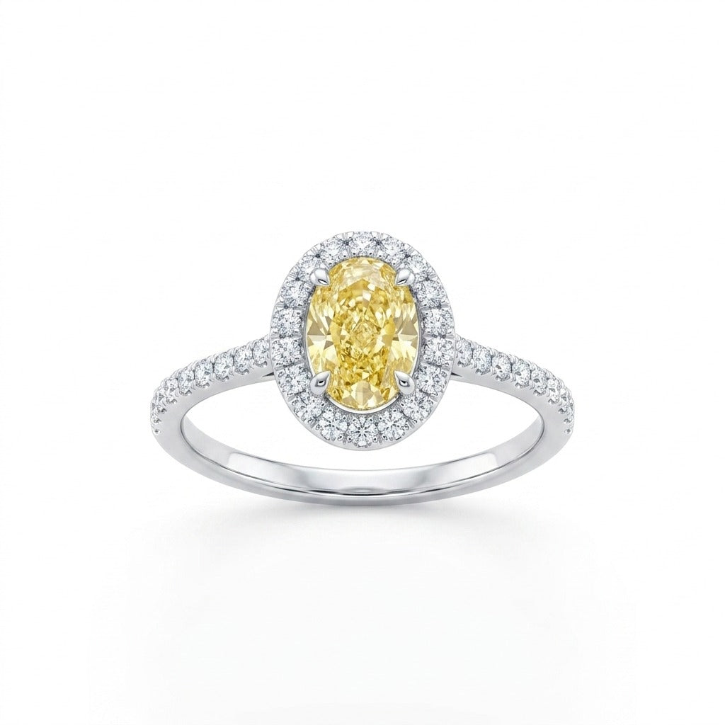 Aurelie ring in 14K white gold with a fancy yellow oval-cut lab-grown diamond
